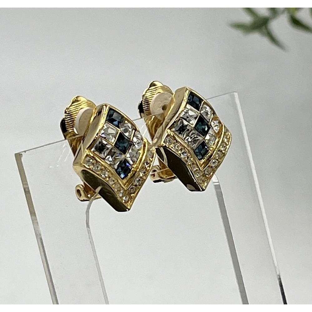 Christian Dior Vintage Gold Plated Diamond Shaped Blue Stone Clip On Earrings - Picture 10 of 10